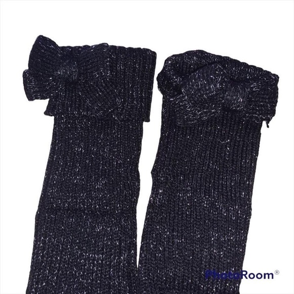 BLACK SHINY BOW LEG WARMERS - Picture 2 of 2